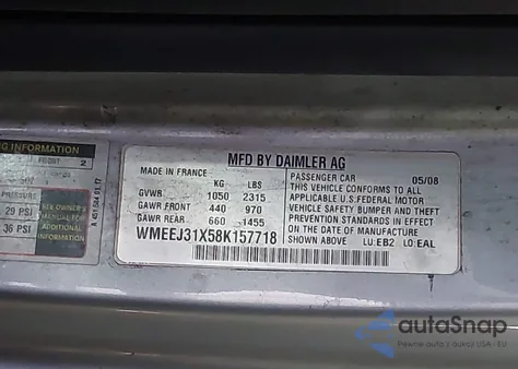 2008 Smart Fortwo Passion/Pure z USA, uszkodzony, nr VIN WMEEJ31X58K157718